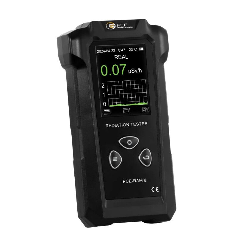 PCE Instruments PCE-RAM 6 Radiometro Geiger-Müller per radiazioni X, Y e β, misura da 0,00 a 1000 µSv/h, allarme sonoro e vibrazione, display LCD, sensibilità 80 µSv/h e spegnimento automatico