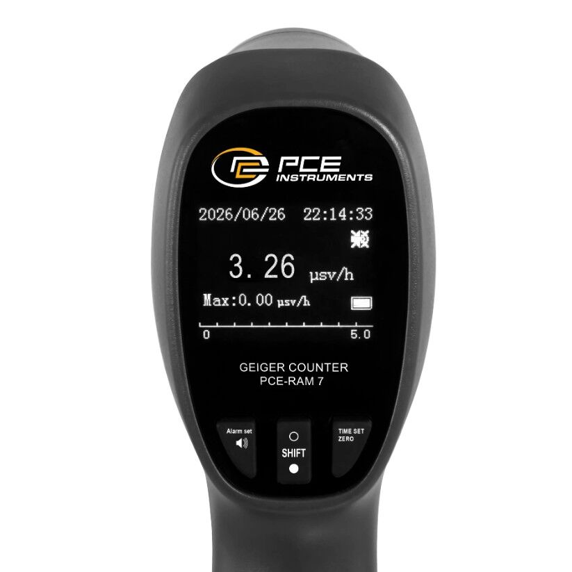 PCE Instruments PCE-RAM 7 Misuratore di radioattività con tubo contatore Geiger-Müller, per la rilevazione di radiazioni beta (β), gamma (γ) e X, range di misura da 0 a 9999 μSv/h