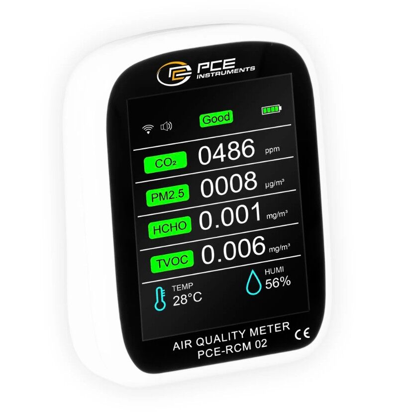PCE Instruments PCE-RCM 02 Misuratore di umidità relativa con WiFi, app, display LCD, rilevamento CO2, TVOC, formaldeide, PM1, PM2.5, PM10, temperatura e qualità dell'aria