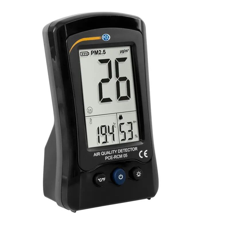 PCE Instruments PCE-RCM 05 PM2.5 particle counter with continuous measurement of temperature and humidity, backlit LCD display, visual alarm, and rechargeable battery via USB port