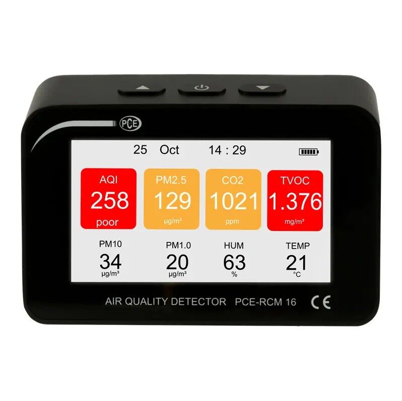 PCE Instruments PCE-RCM 16 Termoigrometro avanzato con display, misura CO2, TVOC, PM1, PM2.5, PM10, temperatura e umidità, struttura metallica robusta e allarme per valori limite