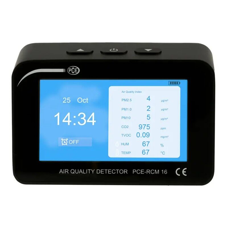 PCE Instruments PCE-RCM 16 Termoigrometro avanzato con display, misura CO2, TVOC, PM1, PM2.5, PM10, temperatura e umidità, struttura metallica robusta e allarme per valori limite