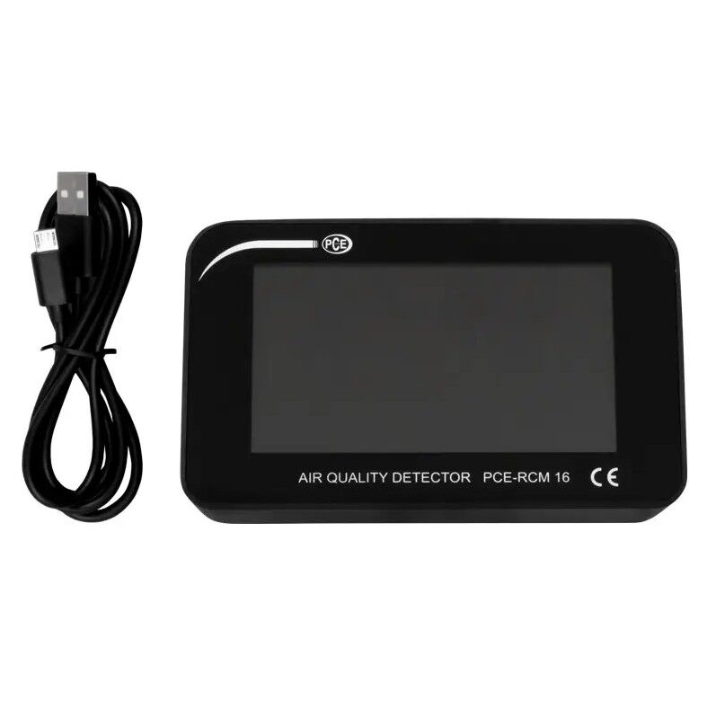 PCE Instruments PCE-RCM 16 Termoigrometro avanzato con display, misura CO2, TVOC, PM1, PM2.5, PM10, temperatura e umidità, struttura metallica robusta e allarme per valori limite