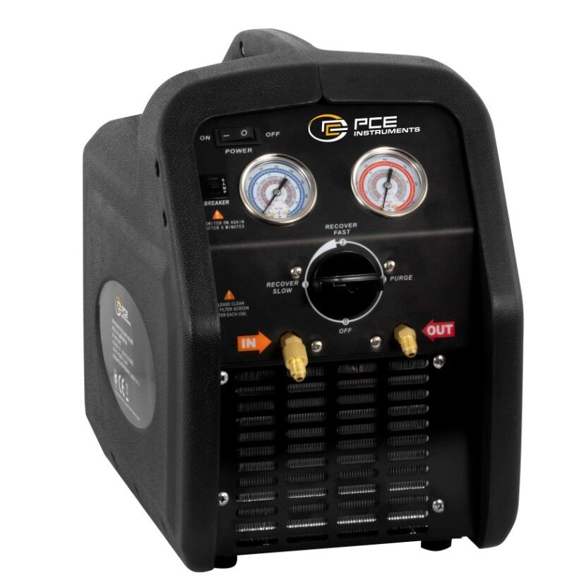 PCE Instruments PCE-RRM 250 Misuratore HVAC con motore 0,75 CV, protezione da sovraccarico, filtro disidratatore e manometro per la gestione dei gas refrigeranti fino a 38,5 bar