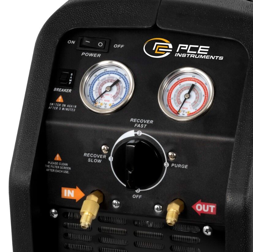PCE Instruments PCE-RRM 250 Misuratore HVAC con motore 0,75 CV, protezione da sovraccarico, filtro disidratatore e manometro per la gestione dei gas refrigeranti fino a 38,5 bar