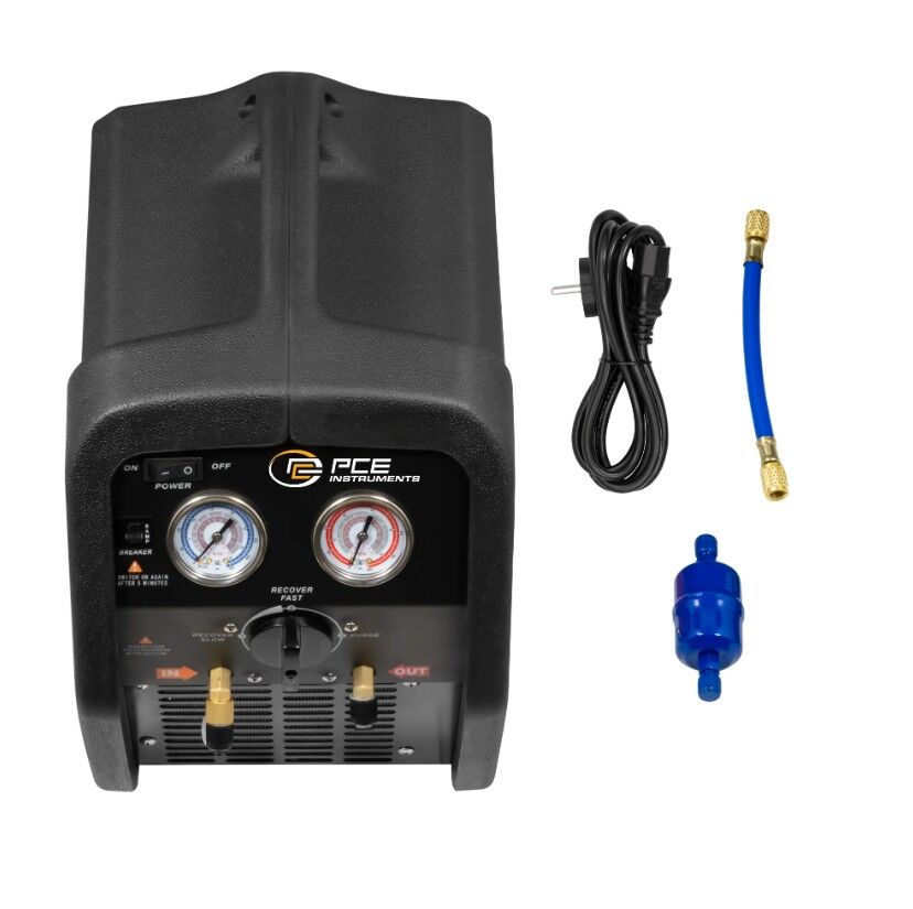 PCE Instruments PCE-RRM 250 Misuratore HVAC con motore 0,75 CV, protezione da sovraccarico, filtro disidratatore e manometro per la gestione dei gas refrigeranti fino a 38,5 bar