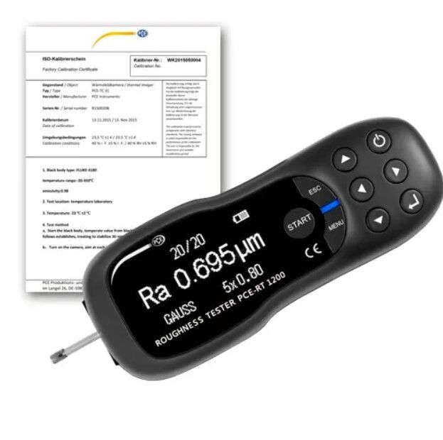 PCE Instruments PCE-RT 1200-ICA Analizzatore di superficie portatile, rilevamento rapido di rugosità Ra, Rz, Rq, Rt, con display OLED, interfaccia micro-USB e batteria integrata