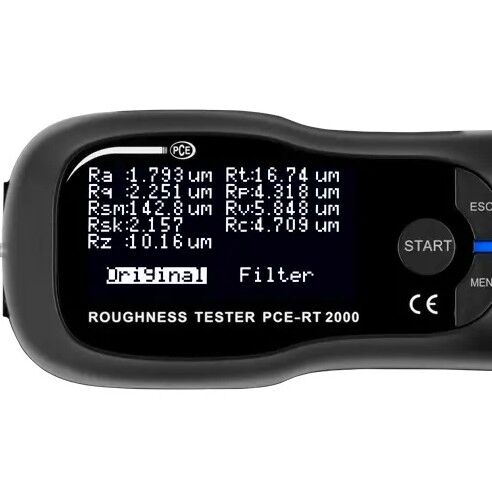 PCE Instruments PCE-RT 2000 Rugosimetro portatile per il rilevamento rapido della rugosità superficiale attraverso un apposito tastatore, misura secondo i parametri Ra, Rq, Rsm, Rsk, Rz, Rt, Rp, Rv, Rc