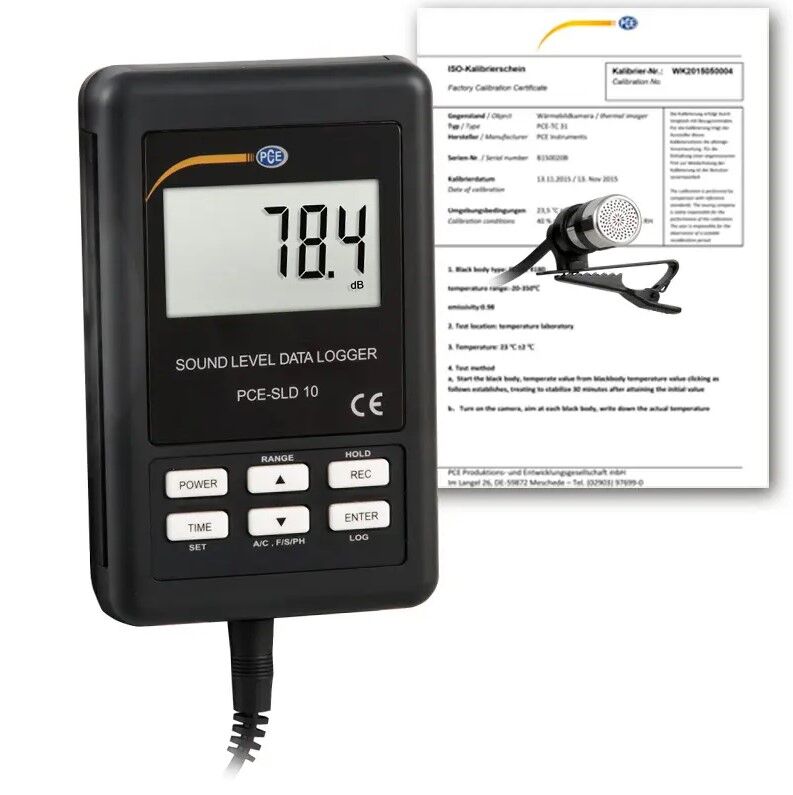 PCE Instruments PCE-SLD-10-ICA Data logger for noise control, with 4-20 mA output, SD card recording, LCD display, and ISO certification included