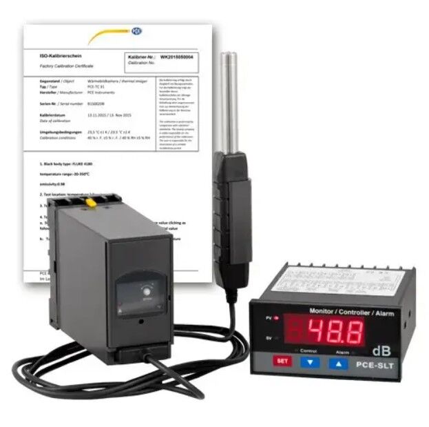 PCE Instruments PCE-SLT-ICA Sensore di suono con certificazione ISO, monitoraggio continuo, controllo allarmi, uscita relè e display digitale, facile installazione