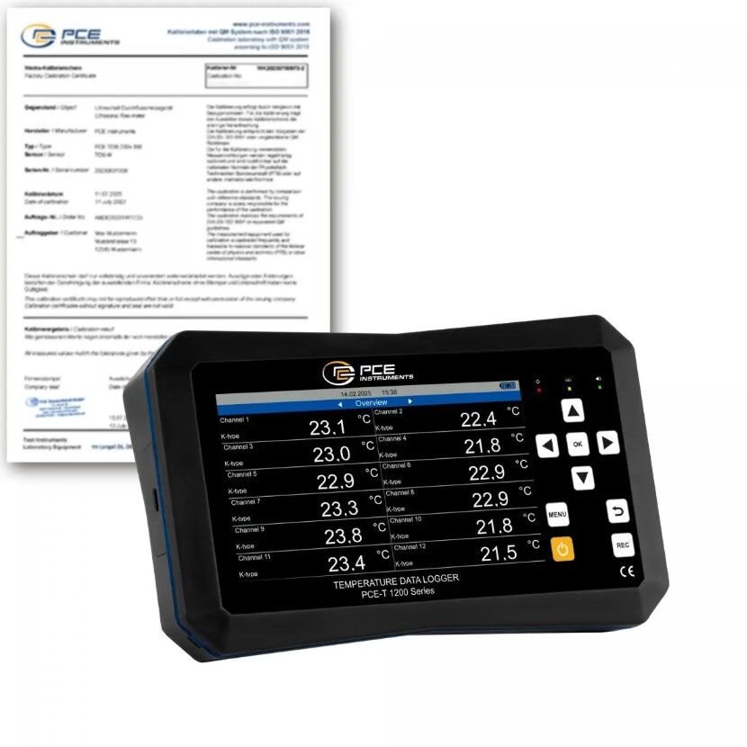 PCE Instruments PCE-T 1220-ICA Data logger per vari tipi di termocoppie, campo di misura da -200 a +1800°C, gamma di applicazioni dalle temperature criogeniche ai processi ad alta temperatura