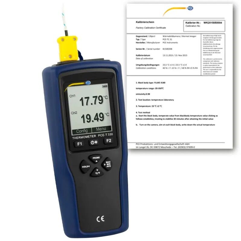 PCE Instruments PCE-T 330-ICA Misuratore di temperatura a 2 canali con alta precisione, memoria di 20.000 valori, lunga autonomia, supporto per termocoppie K, T, J e certificazione ISO