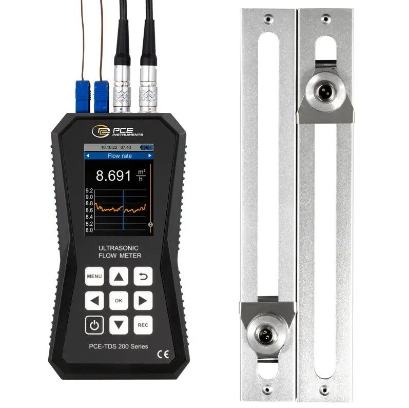 PCE Instruments PCE-TDS 200+ MR Ultrasonic flowmeter for measuring the flow, rate and volume of water or substances in pipes, measuring range of ±32 m/s