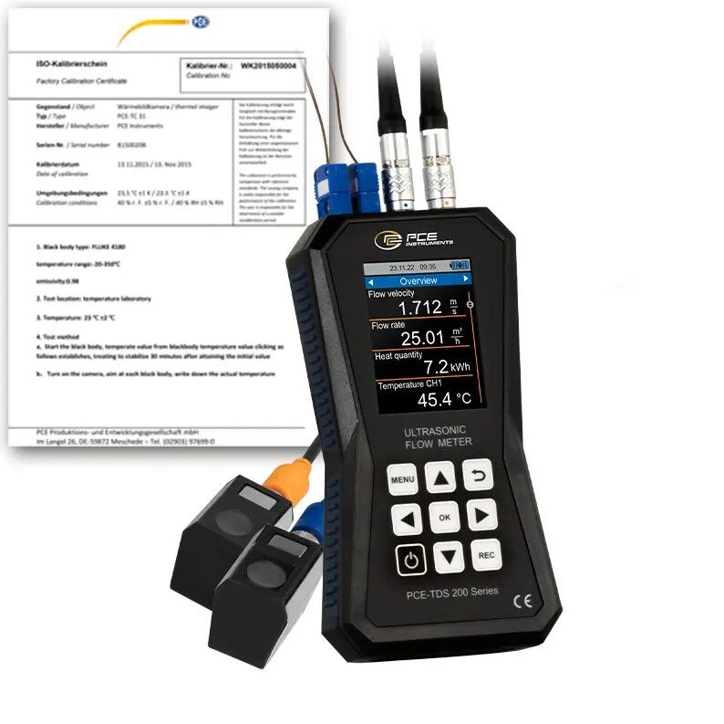 PCE Instruments PCE-TDS 200+S-ICA Misuratore per impianti di riscaldamento con un campo di misura di ±32 m/s, per visualizzare il flusso, la portato e il volume in tubazioni di riscaldamento