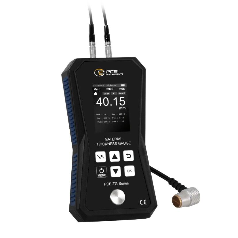 PCE Instruments PCE-TG 150A F25 Spessimetro con memoria, range fino a 300 mm, calibrazione integrata, sonda 2,5 MHz, allarme per valori limite e opzione rapporto ISO per misurazioni precise