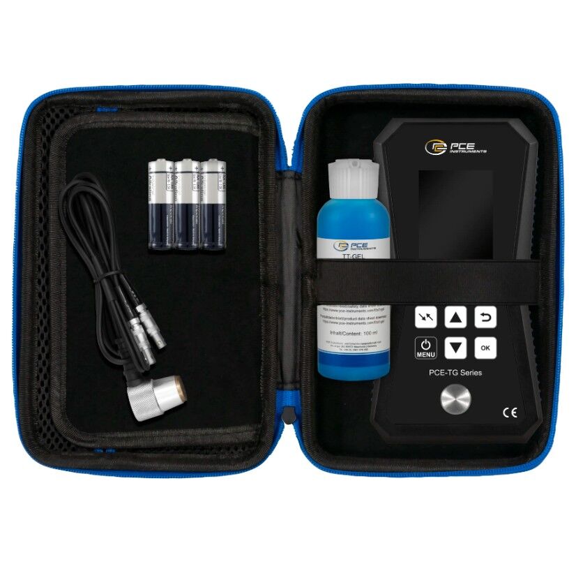 PCE Instruments PCE-TG 150A F25 Spessimetro con memoria, range fino a 300 mm, calibrazione integrata, sonda 2,5 MHz, allarme per valori limite e opzione rapporto ISO per misurazioni precise