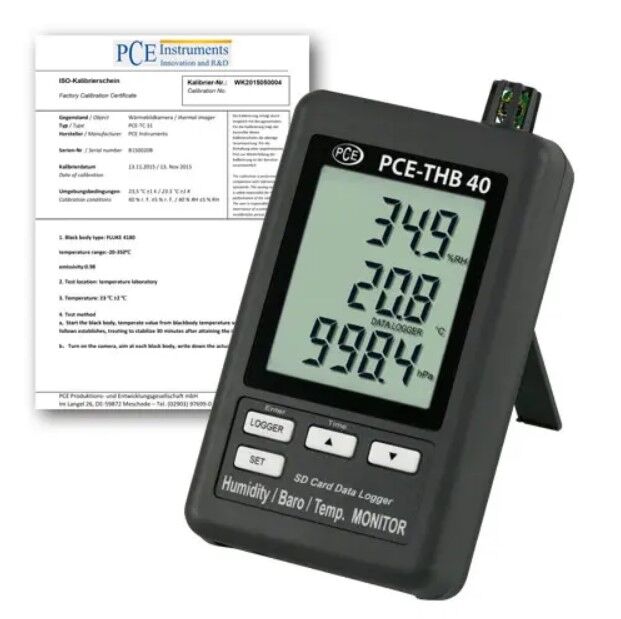PCE Instruments PCE-THB 40-ICA Data logger multifunzionale, termometro, igrometro e manometro con memory card fino a 16 GB, ampio display LCD, certificazione ISO e registrazione precisa dei valori