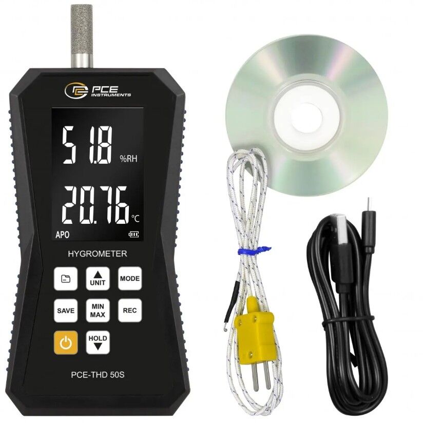 PCE Instruments PCE-THD 50S Termoigrometro professionale con termocoppia K, ricaricabile, memoria per 32.000 valori, analisi tramite USB e taratura ISO opzionale