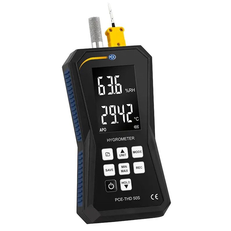 PCE Instruments PCE-THD 50S Termoigrometro professionale con termocoppia K, ricaricabile, memoria per 32.000 valori, analisi tramite USB e taratura ISO opzionale