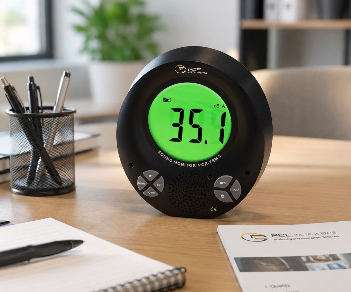 PCE Instruments PCE-TSM 5 Sound level meter with a 3-color LCD screen, multilingual acoustic alarm, audio output, remote control, and options for table or wall placement, ideal for educational spaces and conferences