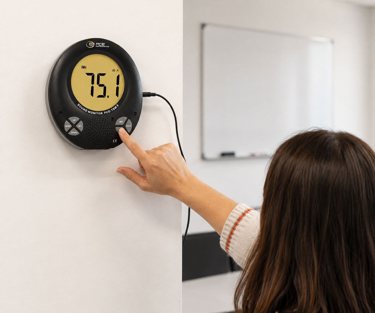 PCE Instruments PCE-TSM 5 Sound level meter with a 3-color LCD screen, multilingual acoustic alarm, audio output, remote control, and options for table or wall placement, ideal for educational spaces and conferences