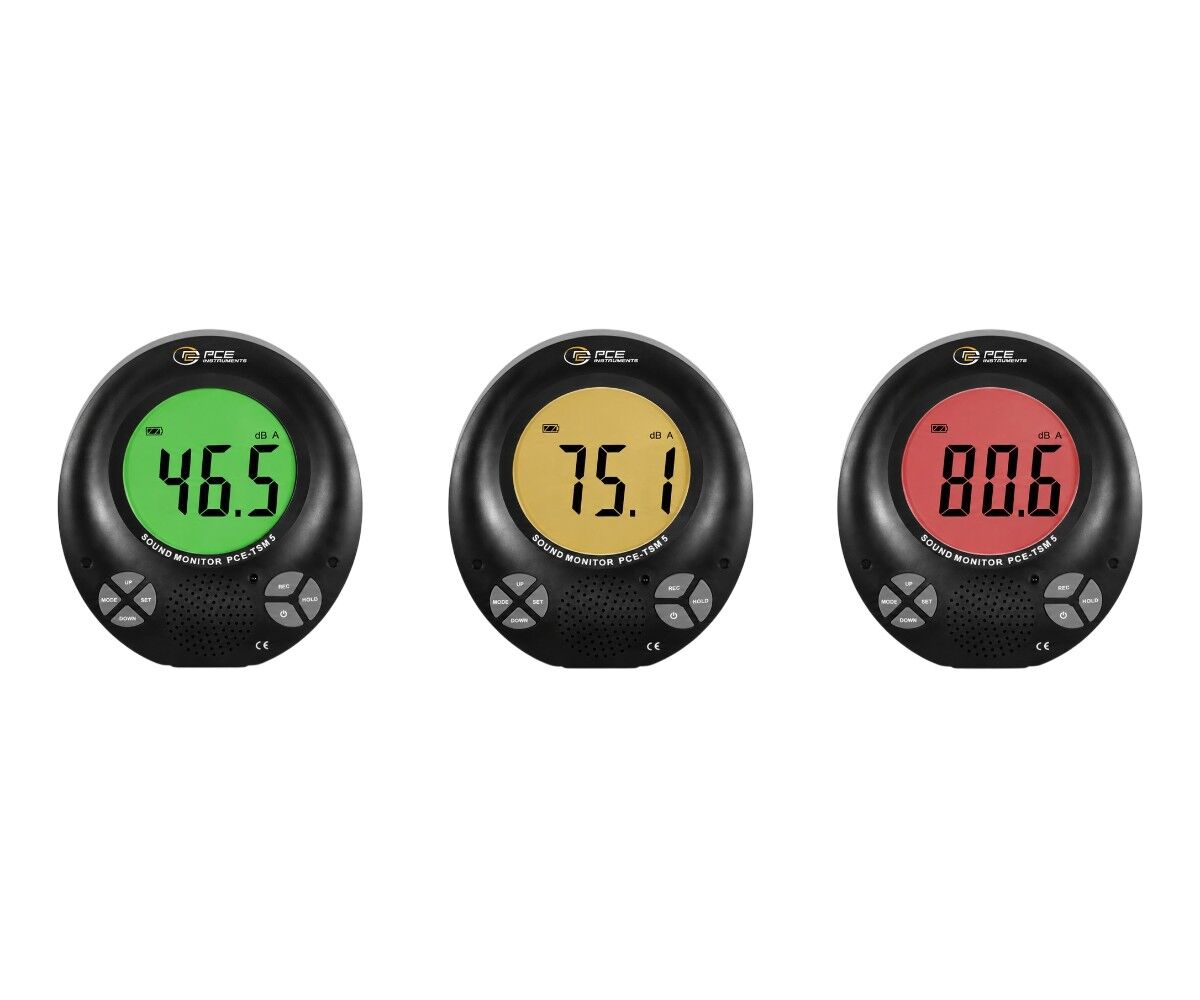PCE Instruments PCE-TSM 5 Sound level meter with a 3-color LCD screen, multilingual acoustic alarm, audio output, remote control, and options for table or wall placement, ideal for educational spaces and conferences