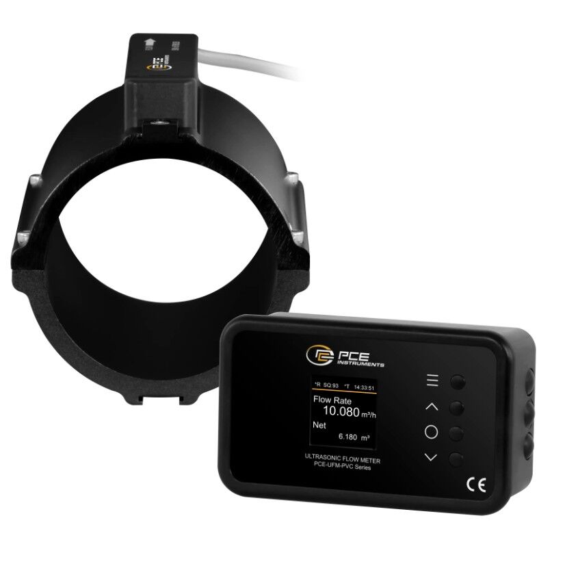 PCE Instruments PCE-UFM 80PVC Flussimetro a ultrasuoni con PoE, display ruotabile, sensore Ethernet 9 m, per tubi in PVC dia.83–91 mm, misura portata e flusso con accesso cloud