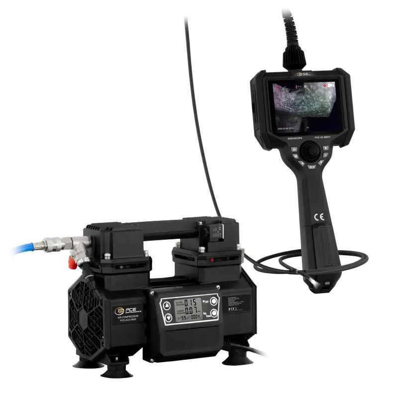 PCE Instruments PCE-VE 260HT-KIT Boroscopio per alte temperature con compressore incluso, sonda endoscopia da 2 m, per ispezione ottica in ambienti difficili con temperatura fino a 300°C