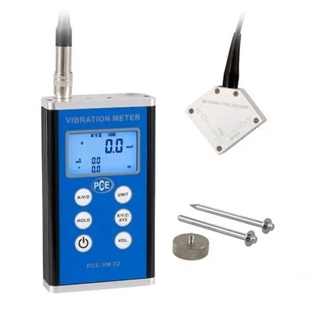 PCE Instruments PCE-VM-3D Vibrometro, misura accelerazione, velocità e spostamento con display LCD retroilluminato e modalità spettro per rilevamento vibrazioni