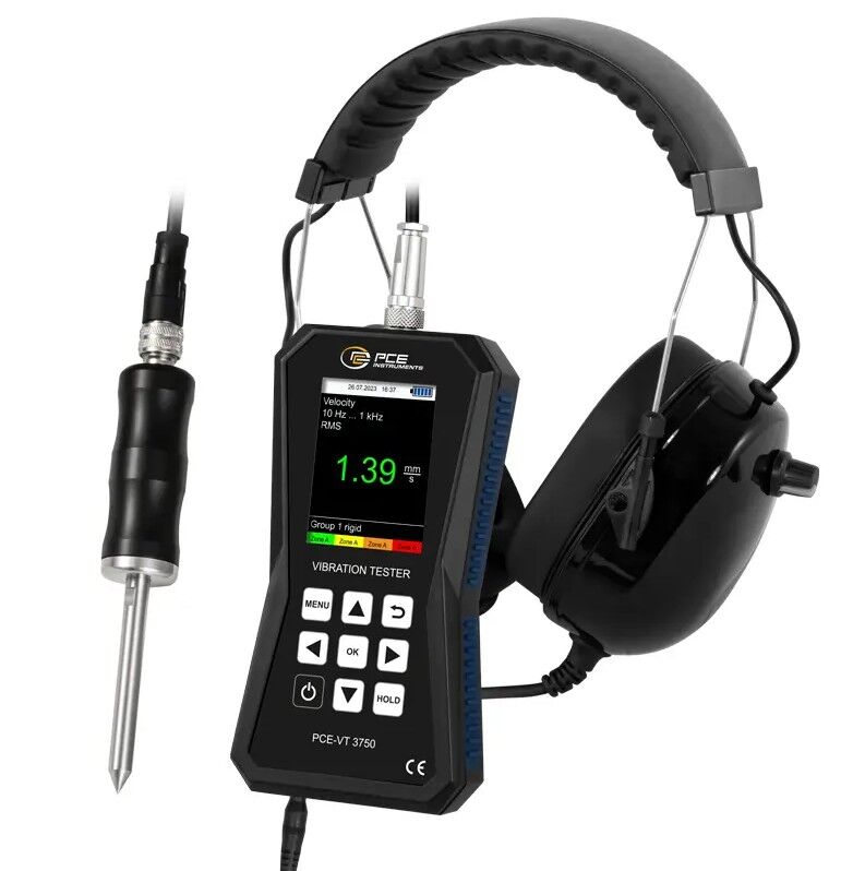 PCE Instruments PCE-VT 3750S Vibration accelerometer with ISO 10816-3 rating, HOLD function, peak, color graphical display, and rapid fault detection on plant and machinery