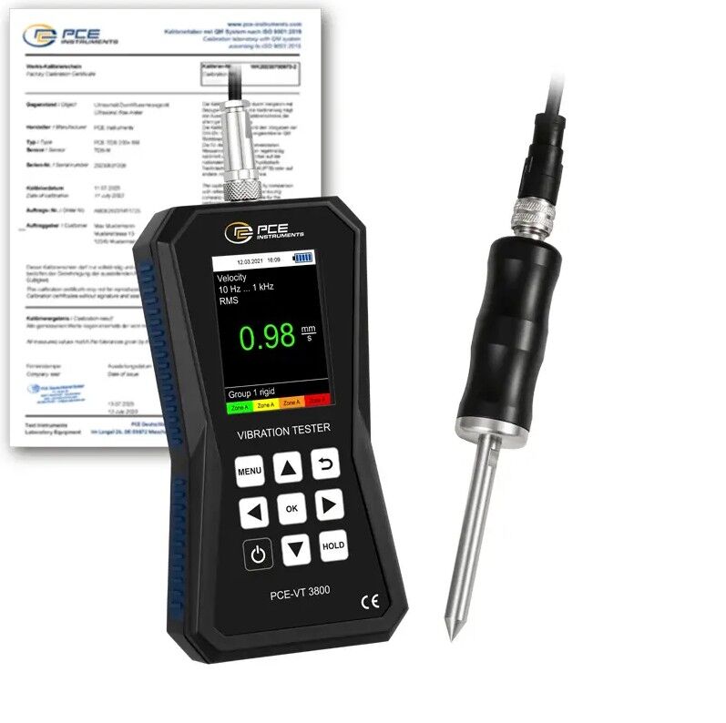 PCE Instruments PCE-VT 3800S-ICA Vibrometro con datalogger e sensore esterno, per misurare accelerazioni fino a 399.9 m/s²