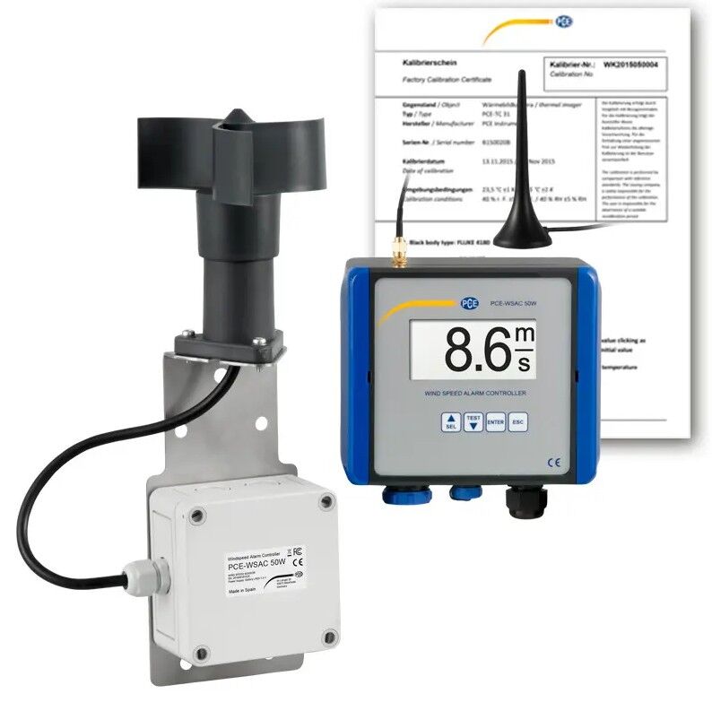 PCE Instruments PCE-WSAC 50W 230-ICA Sensore di vento per il controllo a grandi distanze per gru, tende, lavori edili, trasmissione radio, campo di misura da 4 a 180 km/h, certificato ISO incluso