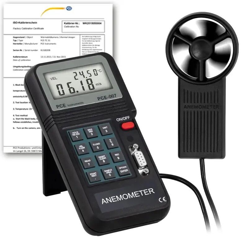 PCE Instruments PCE-007-ICA Flussometro di precisione con memoria e software per misurare velocità del vento, temperatura e portata volumetrica, con interfaccia RS-232 e doppio display