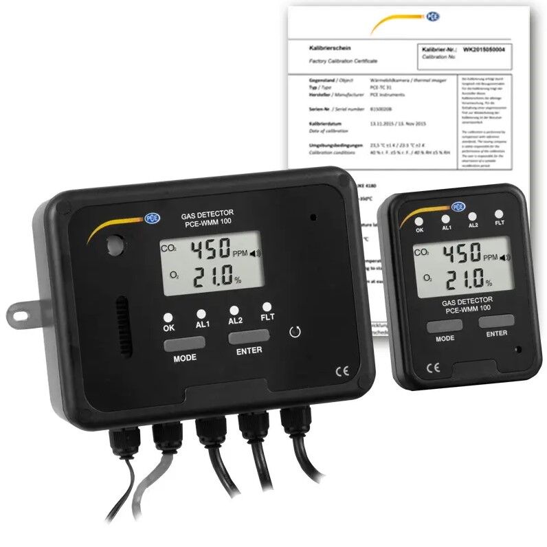 PCE Instruments PCE-WMM 100-ICA Misuratore ambientale di CO2 e O2 con allarmi regolabili, display LCD, unità principale e remota, relè e uscita analogica per monitoraggio sicuro