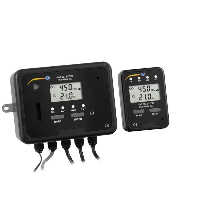 PCE Instruments PCE-WMM 100 Misuratore ambientale di CO2 e O2 con allarmi regolabili, display LCD, unità principale e remota, relè e uscita analogica per monitoraggio sicuro