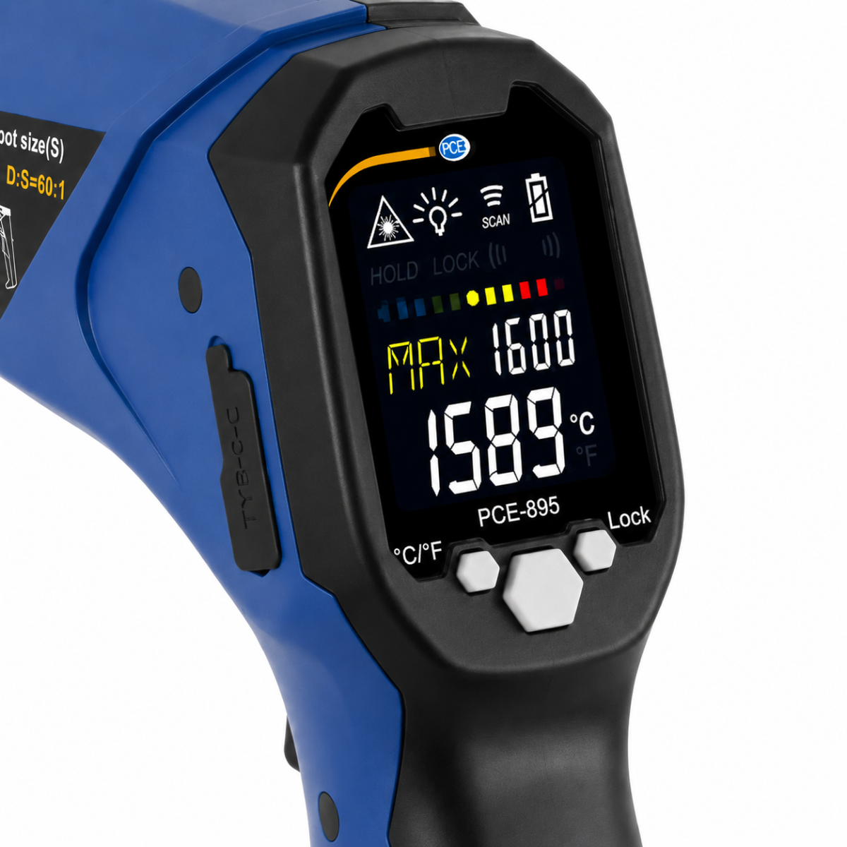 PCE Instruments PCE-895-ICA Termometro a infrarossi professionale fino a 1600 °C, con termocoppia tipo K, USB e datalogger, Cerificato ISO per IR incluso