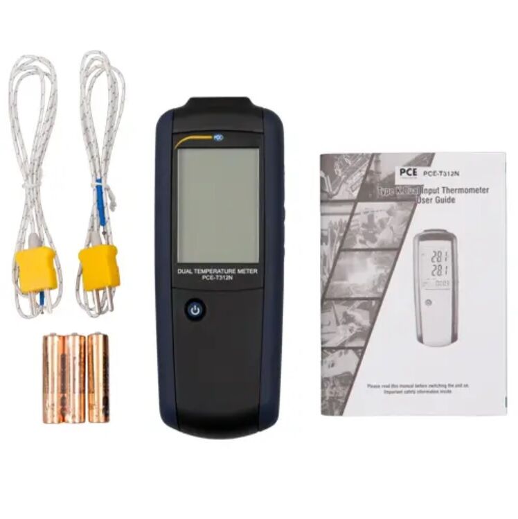 PCE Instruments Termometro digitale a contatto PCE-T312N con doppio canale T1/T2 per termocoppie K e J, funzione differenziale e display retroilluminato