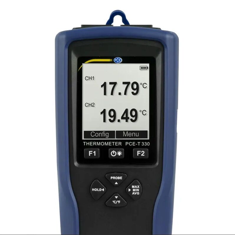 PCE Instruments PCE-T 330 Termometro digitale professionale con datalogger integrato a 2 canali, lunga autonomia, memoria per 20.000 valori, alta precisione, supporta termocoppie K, T, J e formati file vari