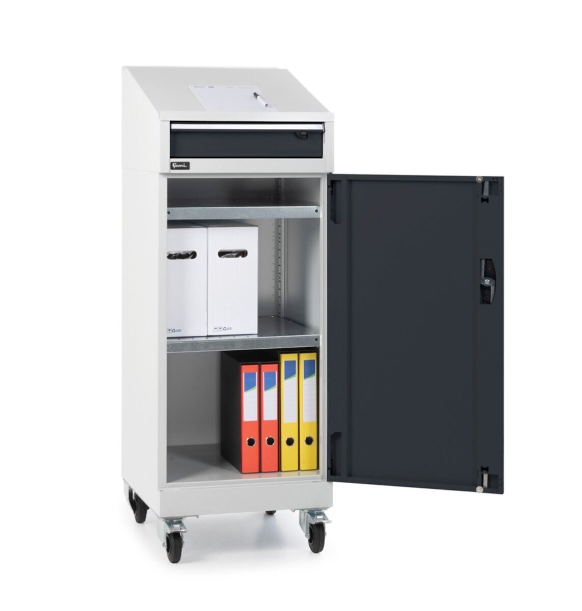 Fami PERFOM11017 Armadio scrivimpiedi metallico con ruote, pratico cassetto e 2 piani regolabili in altezza