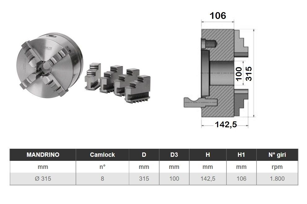 OPTIMUM 3442856 Camlock 4-Backen-Selbstzentrierfutter Ø315 mm, Guss mit zentrischer Spannung DIN ISO 702-2 Nr.8
