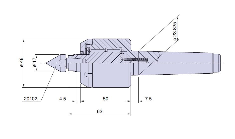 38023 Nuova PTM Contropunta a compensazione con carico assiale variabile tipo Cono Morse 3, Giri/1’ 3000, carico max suggerito daN 800, cuspidi intercambiabili