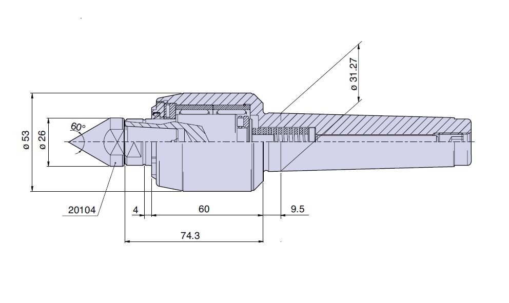 38024 Nuova PTM Contropunta a compensazione con carico assiale variabile tipo Cono Morse 4, Giri/1’ 3000, carico max suggerito daN 800, cuspidi intercambiabili