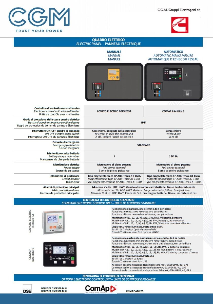 CGM 100CU Generatore di corrente industrial 80kW versione aperta B200, motore CUMMINS, trifase 400V, avviamento manuale o automatico e regolazione di tensione AVR