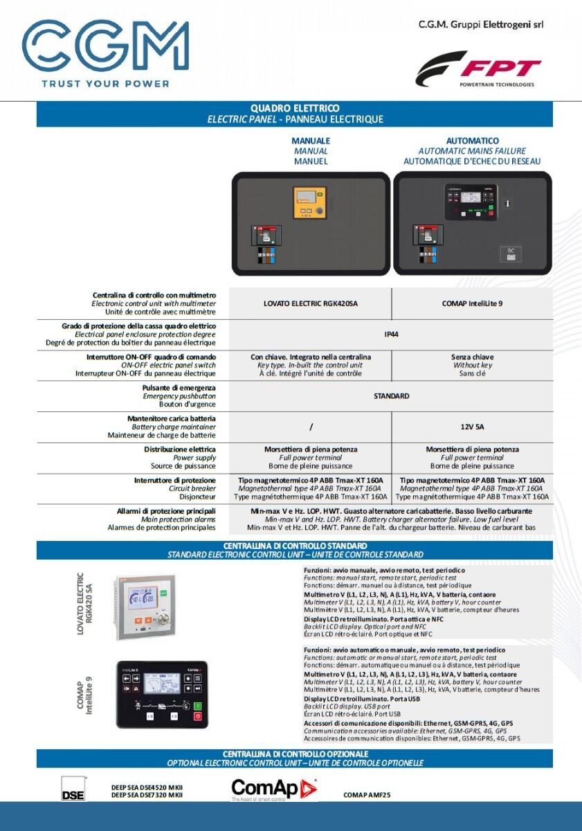 CGM 100F Generatore di corrente industrial 80kW versione chiusa C100, motore FPT, trifase 400V, avviamento manuale o automatico e regolazione di tensione AVR