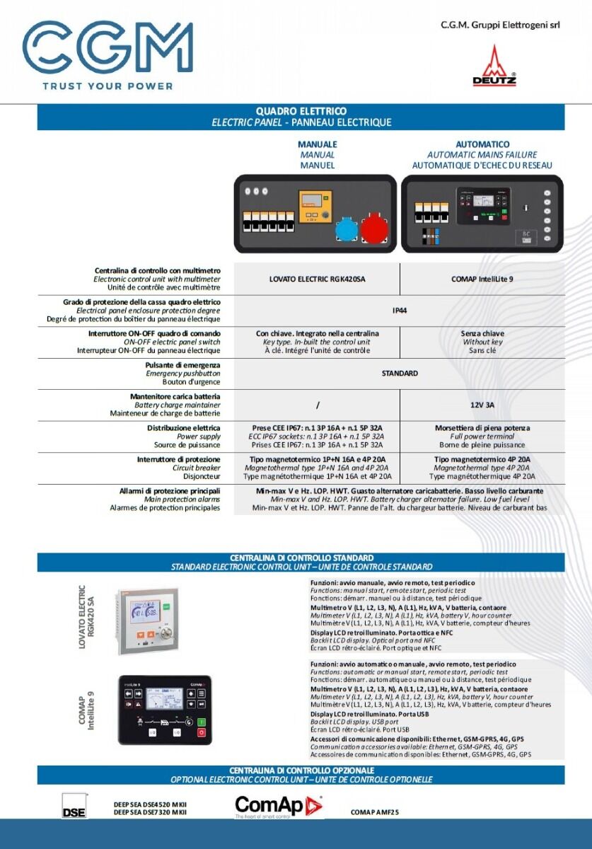 CGM 12.5DZa Generatore di corrente industrial 10kW versione aperta B20, motore DEUTZ, trifase 400V, avviamento manuale o automatico e regolazione di tensione AVR