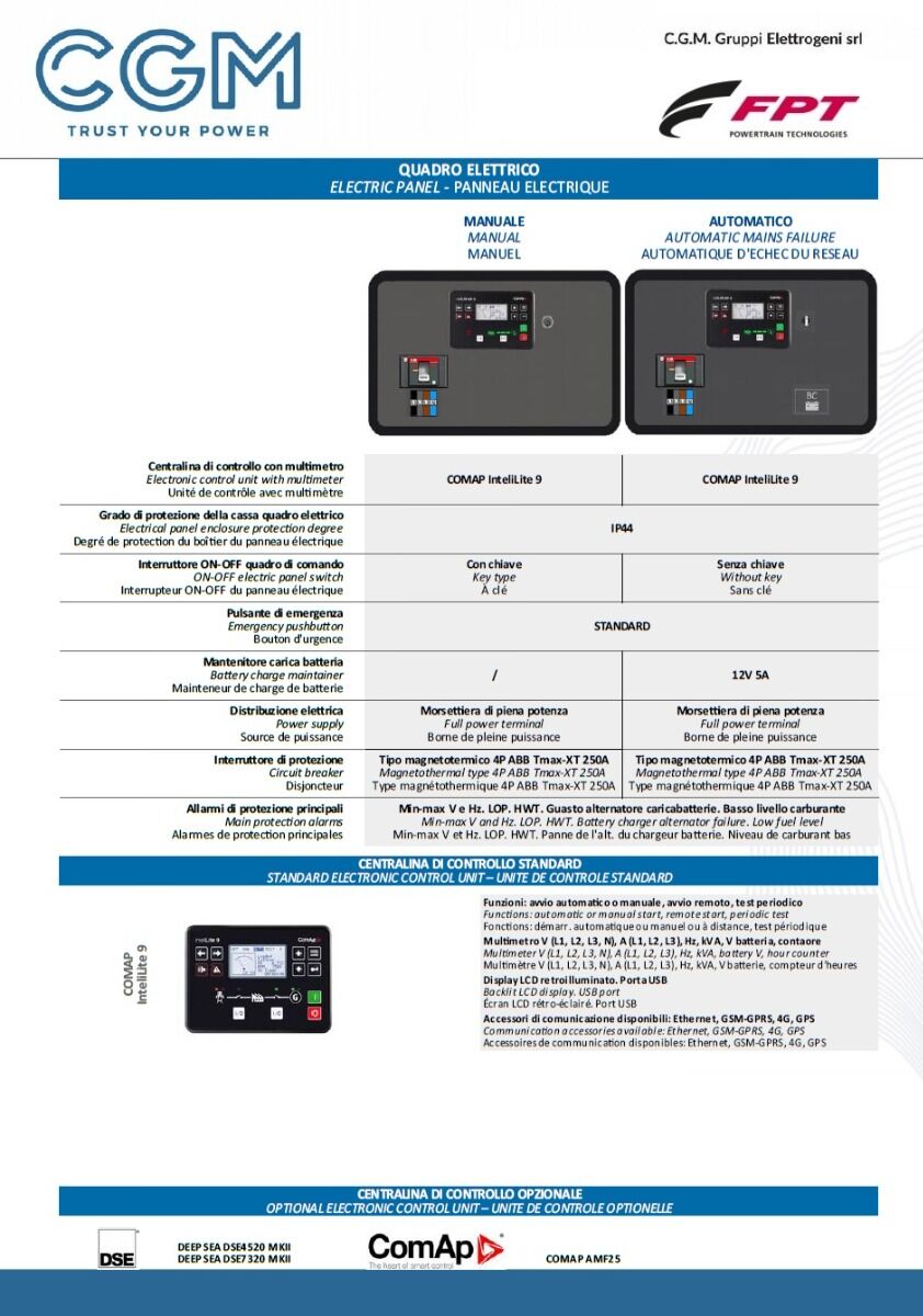 CGM 150F Industrial power generator 120kW open version B200, FPT motor, three-phase 400V, manual or automatic start and AVR voltage regulation