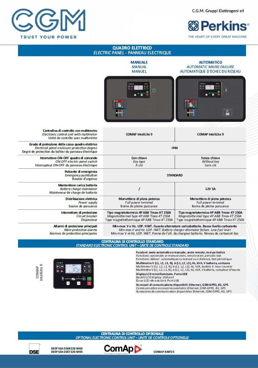 CGM 150P Generatore di corrente industrial 120kW versione aperta B200, motore PERKINS, trifase 400V, avviamento manuale o automatico e regolazione di tensione AVR