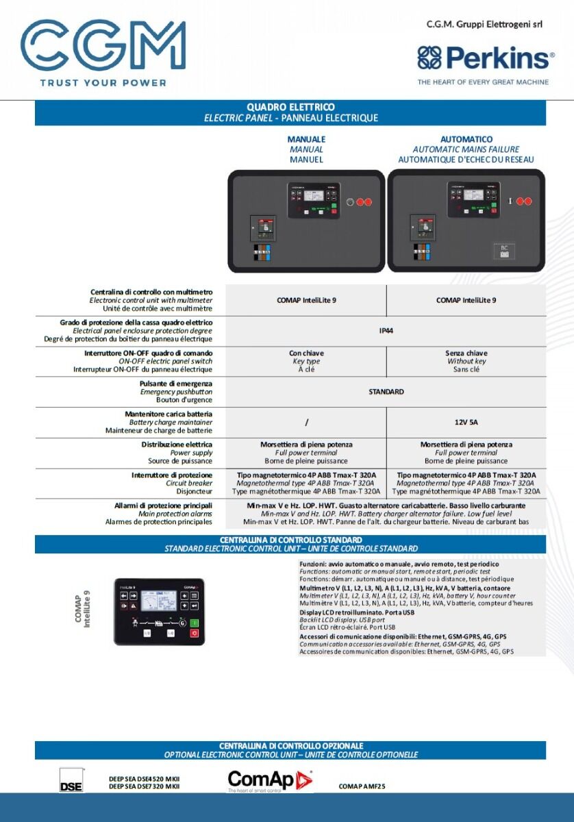 CGM 180P Industrial power generator 144kW open version B200, PERKINS motor, three-phase 400V, manual or automatic start and AVR voltage regulation