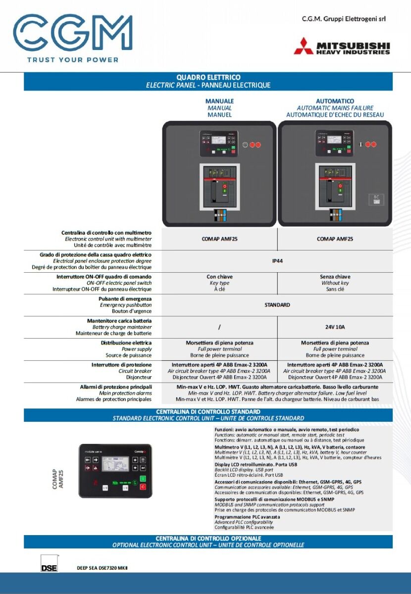CGM 2000MH Industrial power generator 1600kW open version B2500, MITSUBISHI motor, three-phase 400V, manual or automatic start and AVR voltage regulation