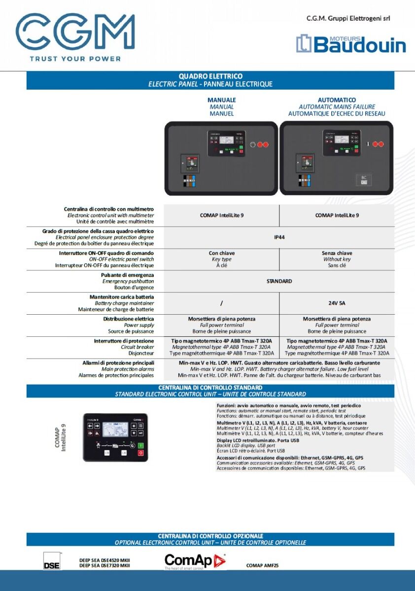 CGM 200B Generatore di corrente industrial 160kW versione aperta B300, motore BAUDOUIN, trifase 400V, avviamento manuale o automatico e regolazione di tensione AVR